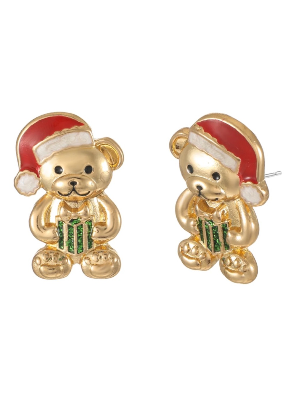 Gold Teddy Bear Christmas Stud Earrings - Red & Green Holiday Accessory New